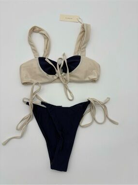 Beige and Navy Two-Tone Tie Bikini Set NWT